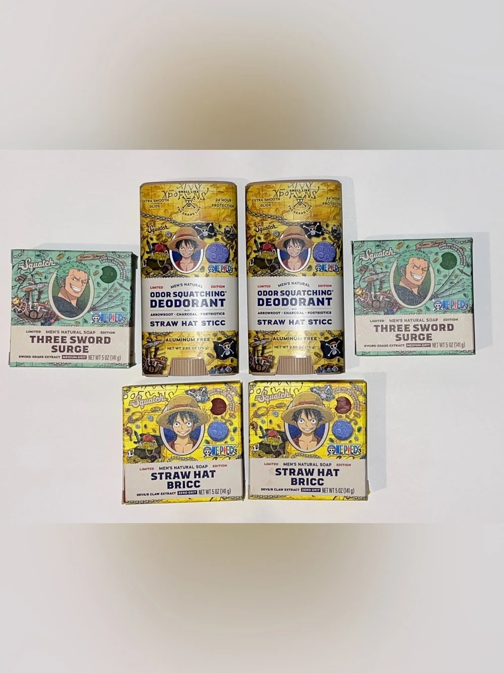 6pc DR SQUATCH ONE PIECE Deodorant Bar Soap Straw Hat Bricc Sticc 3 Sword Surge